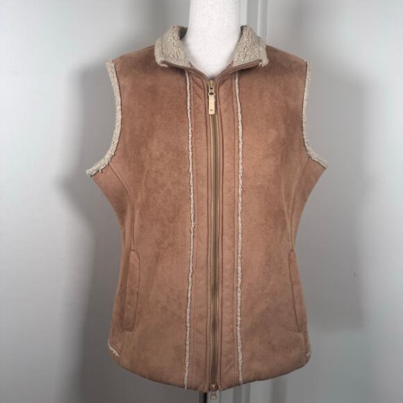 WOOLRICH Women Large Full Zip Sherpa Lined Suede Vest Deep Biscuit Western Y2K - Picture 1 of 9